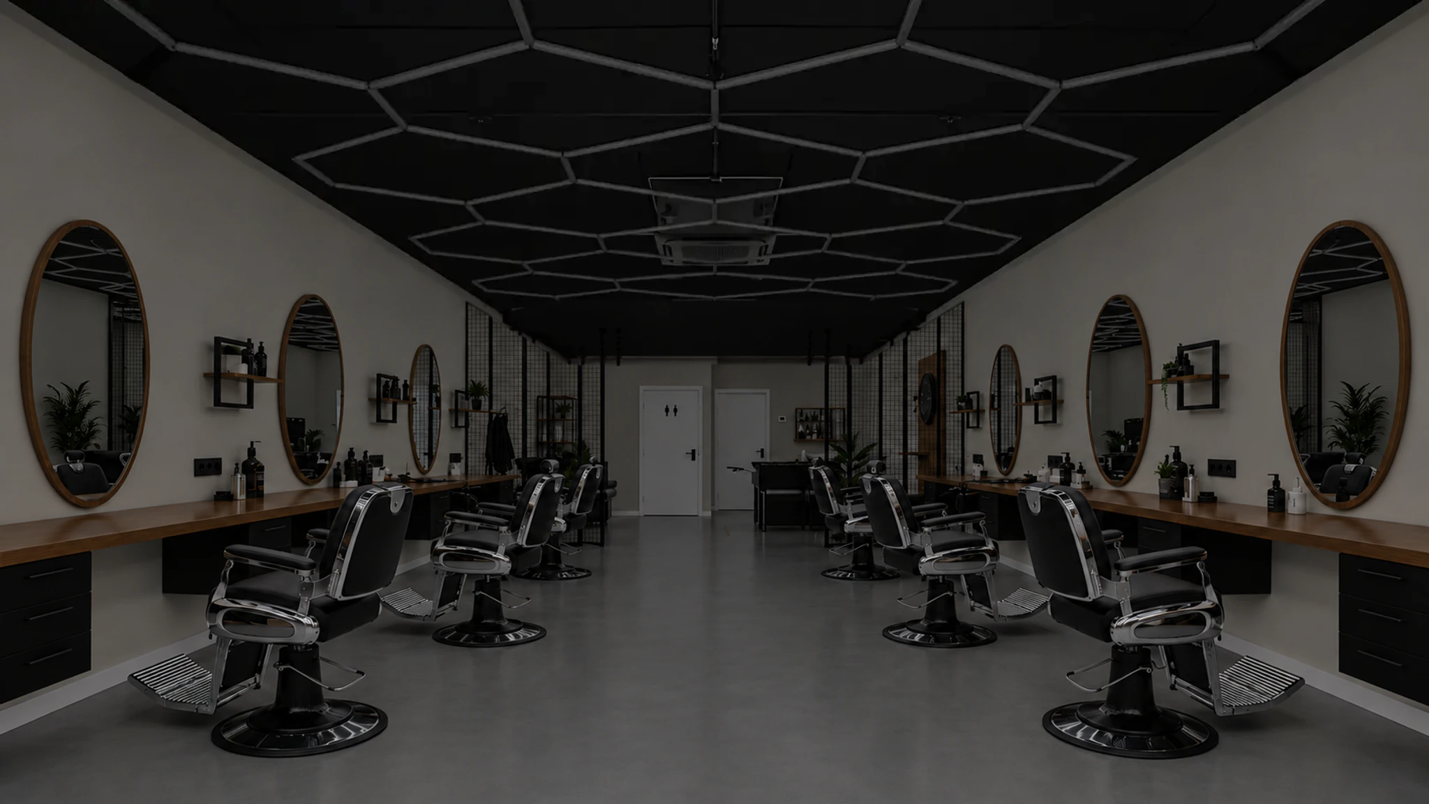 Salon z czarnymi fotelami barberskimi, owalnymi lustrami i geometrycznym oświetleniem sufitu